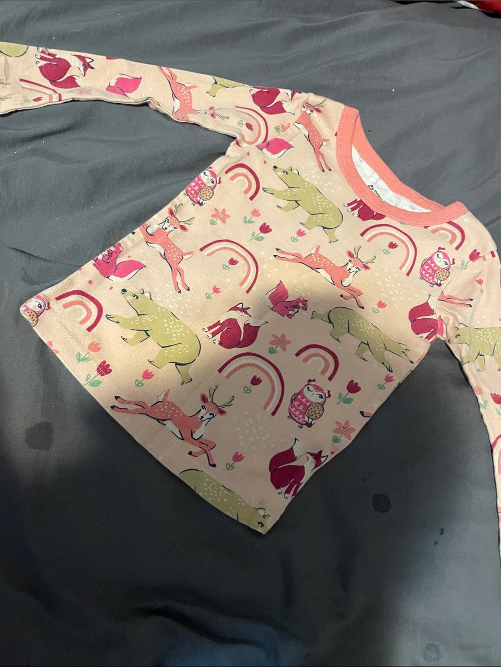 Kids Long Sleeve Tee in Peach with Forest Animal Print - Brand: